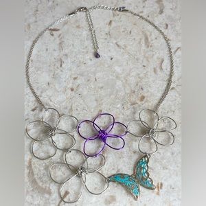 ARA Silver, Purple & Turquoise Wire Wrapped Butterfly Flower Statement Necklace